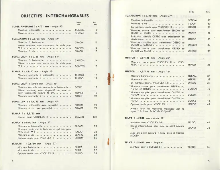 Catalogue 1960 - Appareils et matéreil Leitz - Objectifs interchangeables