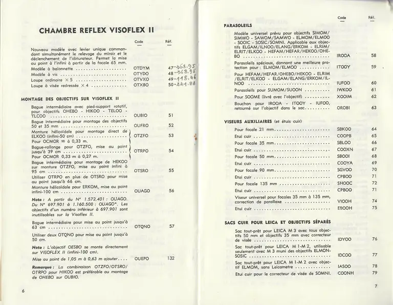 Catalogue 1960 - Appareils et matéreil Leitz - Chambre réflex Visoflex II