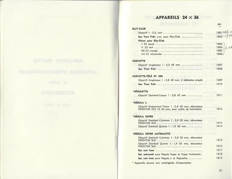 Catalogue 1960 -  Appareils 24 x 36