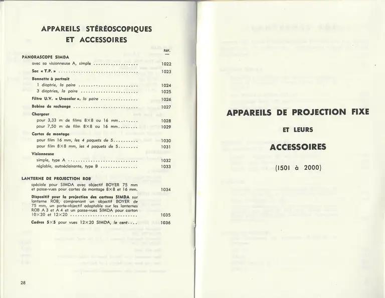 Catalogue 1960 - Appareils stéréoscopiques et accessoires - Appareils de projection fixe et leurs accessoires