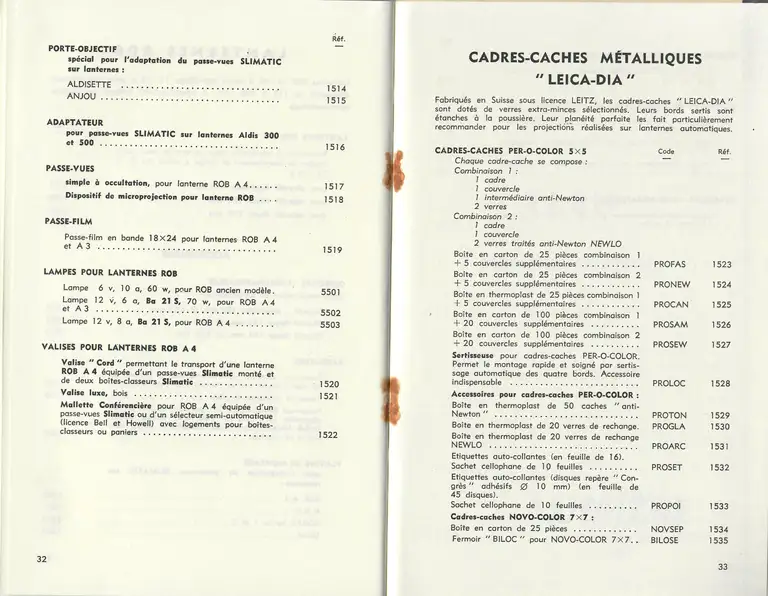 Catalogue 1960 - Lanterne ROB - Cadres-Caches métalliques 'Leica-Dia'