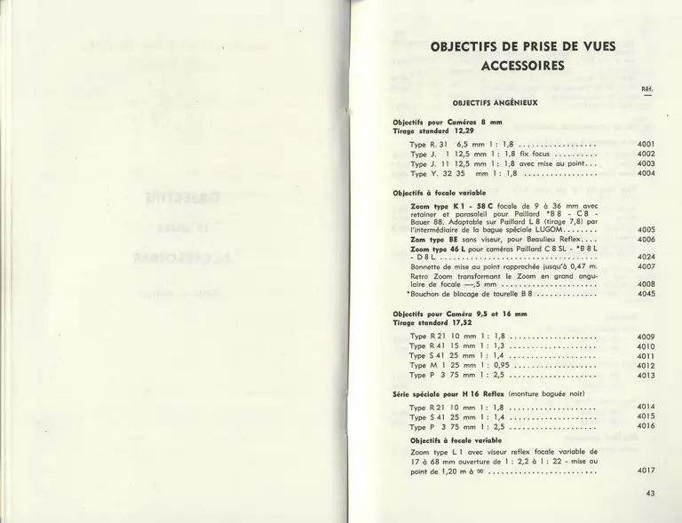 Catalogue 1960 - Objectifs de prise de vue accessoires