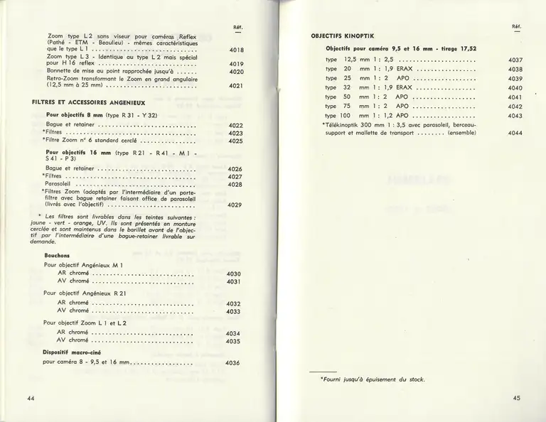 Catalogue 1960 - Objectifs de prise de vue accessoires