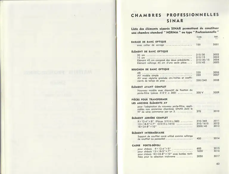 Catalogue 1960 - Chambres professionnelles SINAR