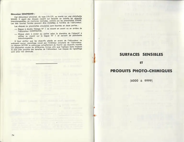 Catalogue 1960 - Chambres professionnelles SINAR - Surfaces sensibles et Produits Photo-Chimiques