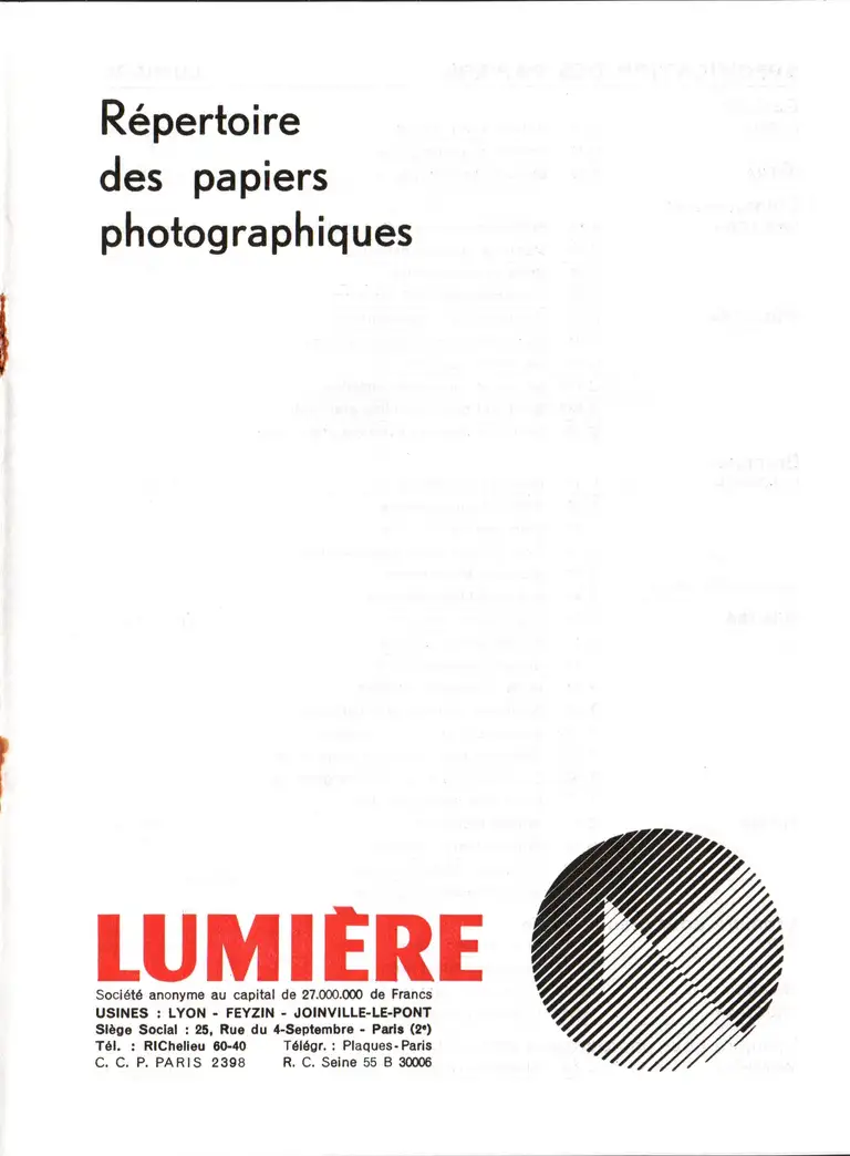1965 - Répertoire des papiers photographiques - Couverture