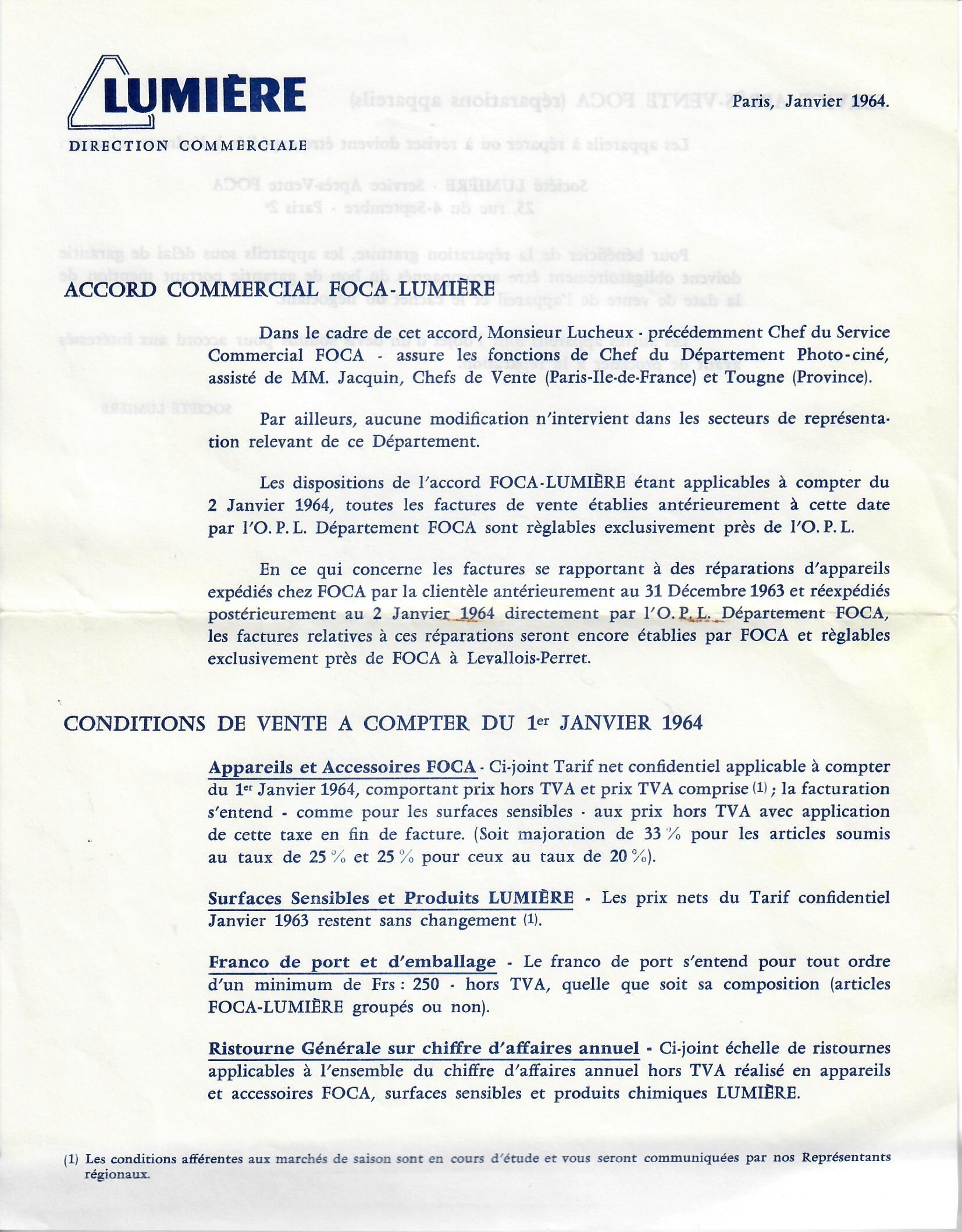 Accord Commercial  Lumière-Foca - janvier 1960