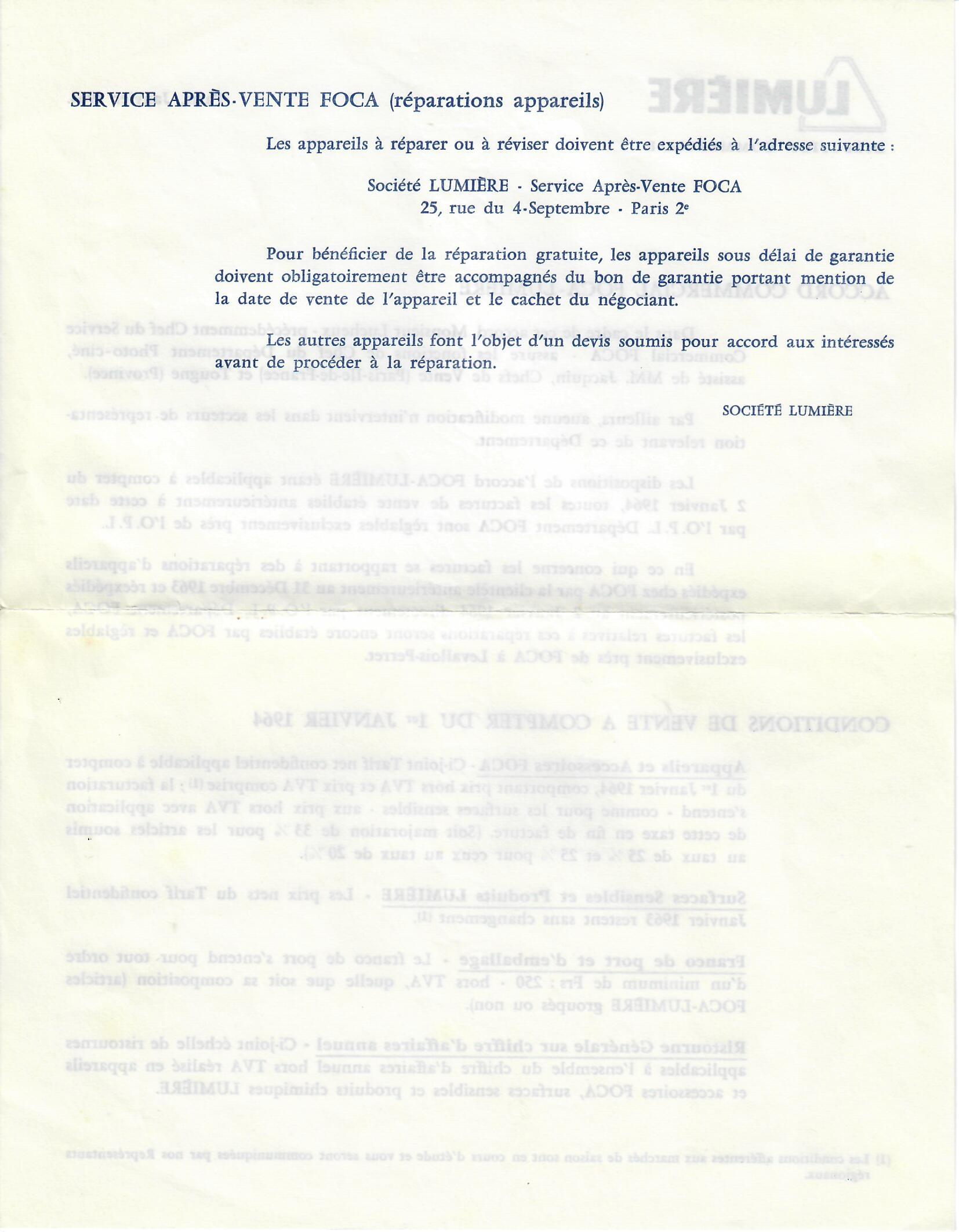 Accord Commercial  Lumière-Foca - janvier 1960