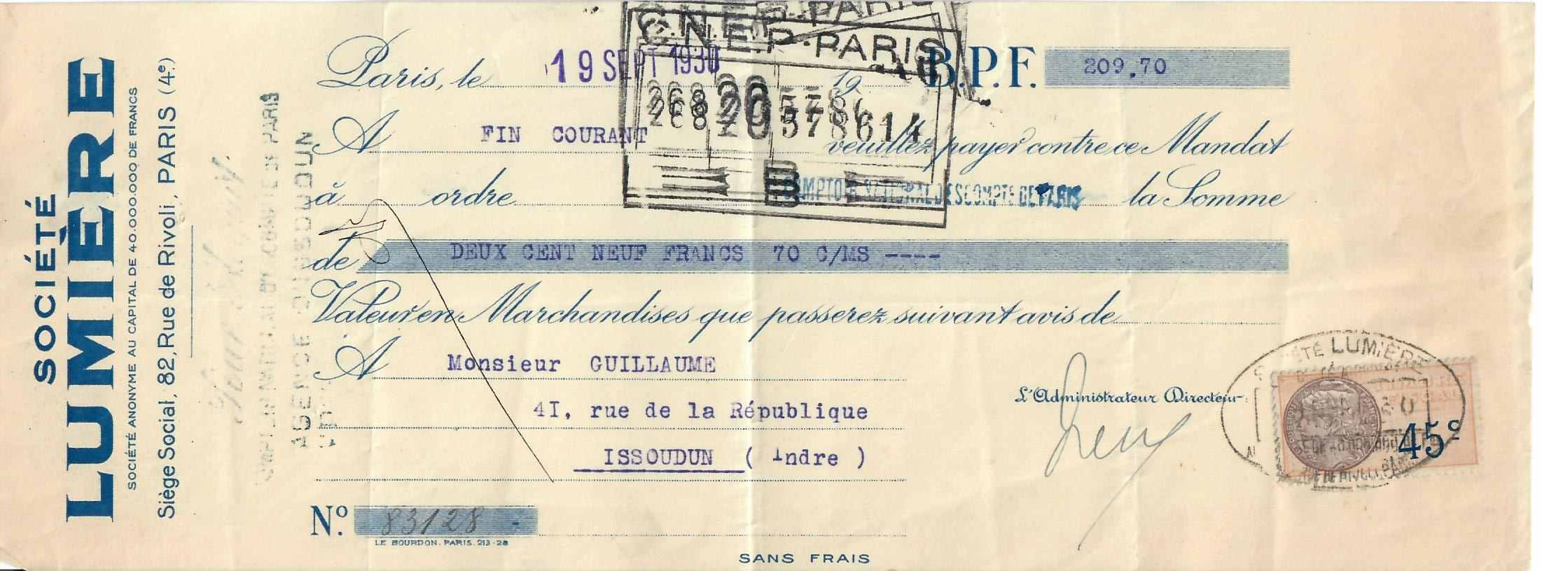 Traite accompagnant la facture du 17 septembre 1930