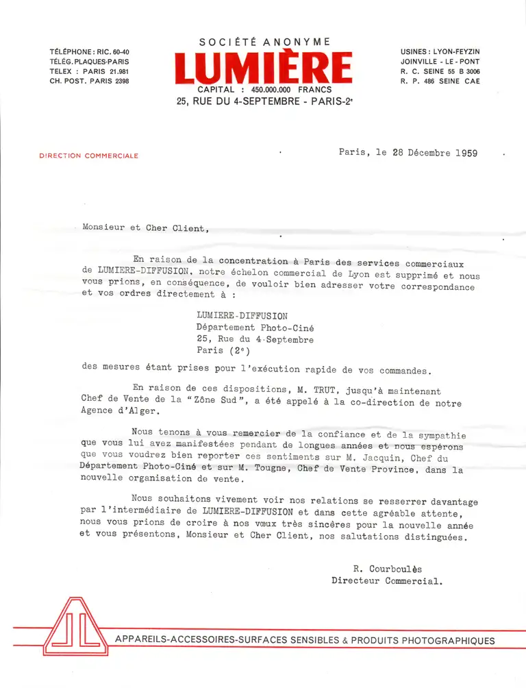 1959-12-28 - Courrier Société Lumière