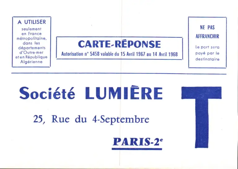 Société Lumière - Courrier 24 mai 1967 - Carte réponse recto