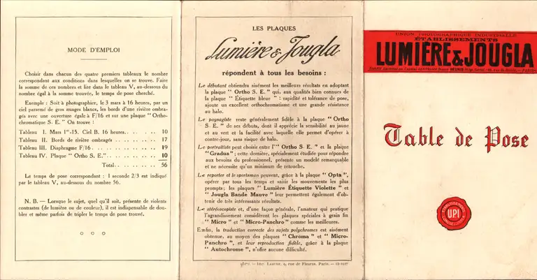 Table de temps de pose - 1927