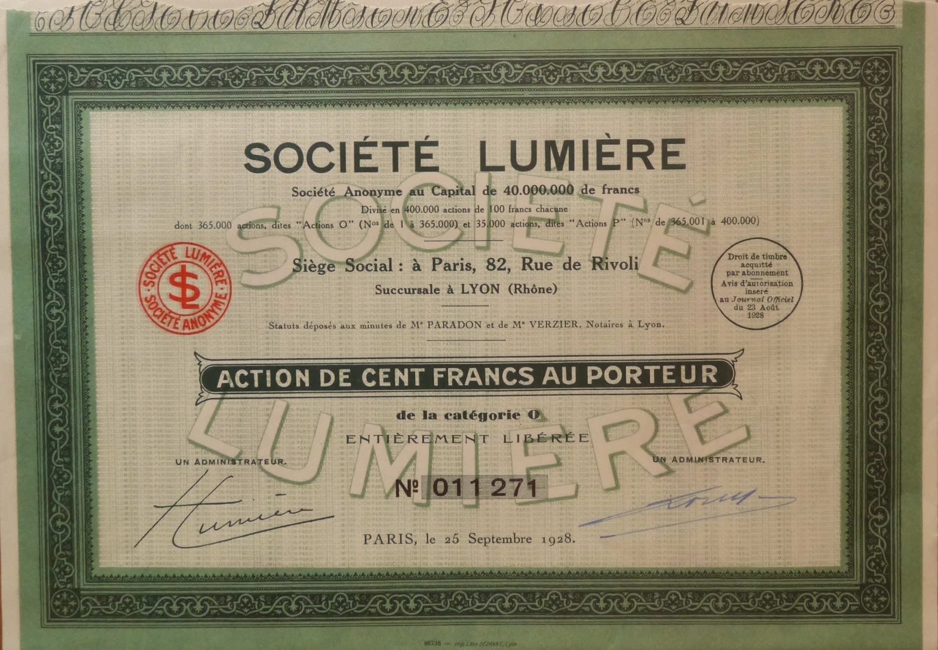 Action de la Société Lumière au capital de 40.000.000 francs - 1928