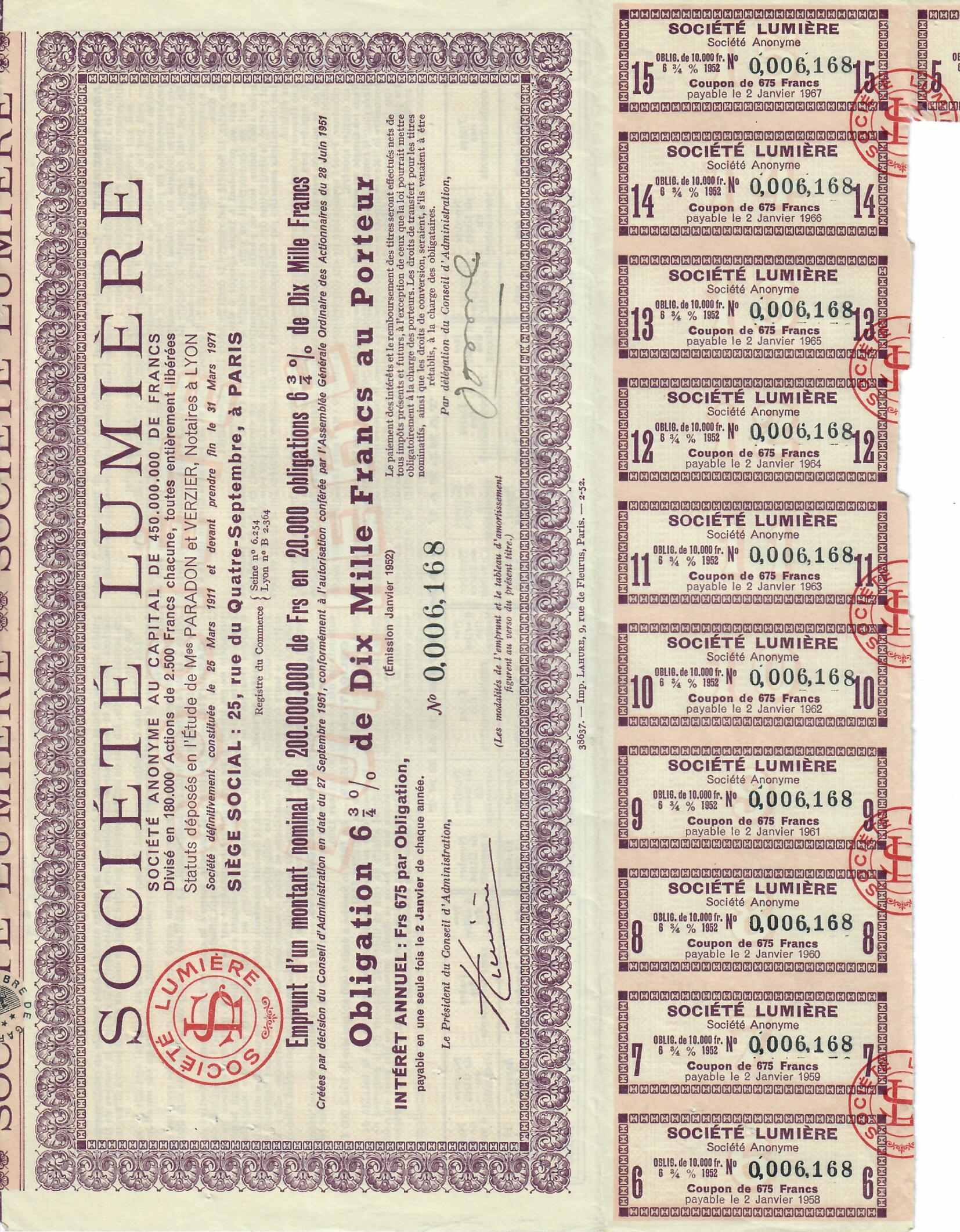Action de la Société Lumière au capital de 450.000.000 francs - 1953