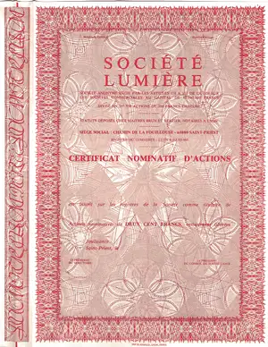 Certificat nominatif d'actions de la Société Lumière au capital de 67.500.000 francs