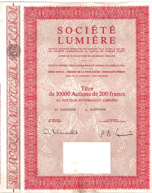Titre de 10000 actions de 200 francs de la Société Lumière au capital de 67.500.000 francs