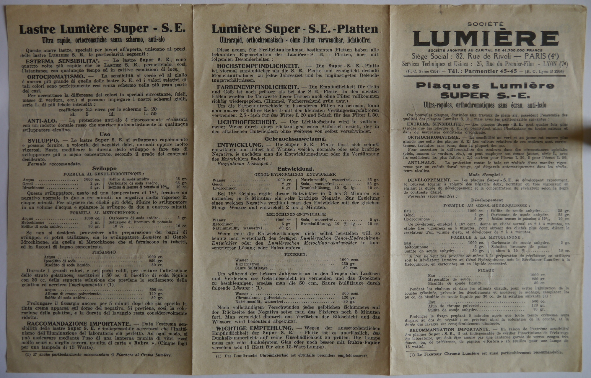1934 - Sté Lumière - Notice Plaques Super SE