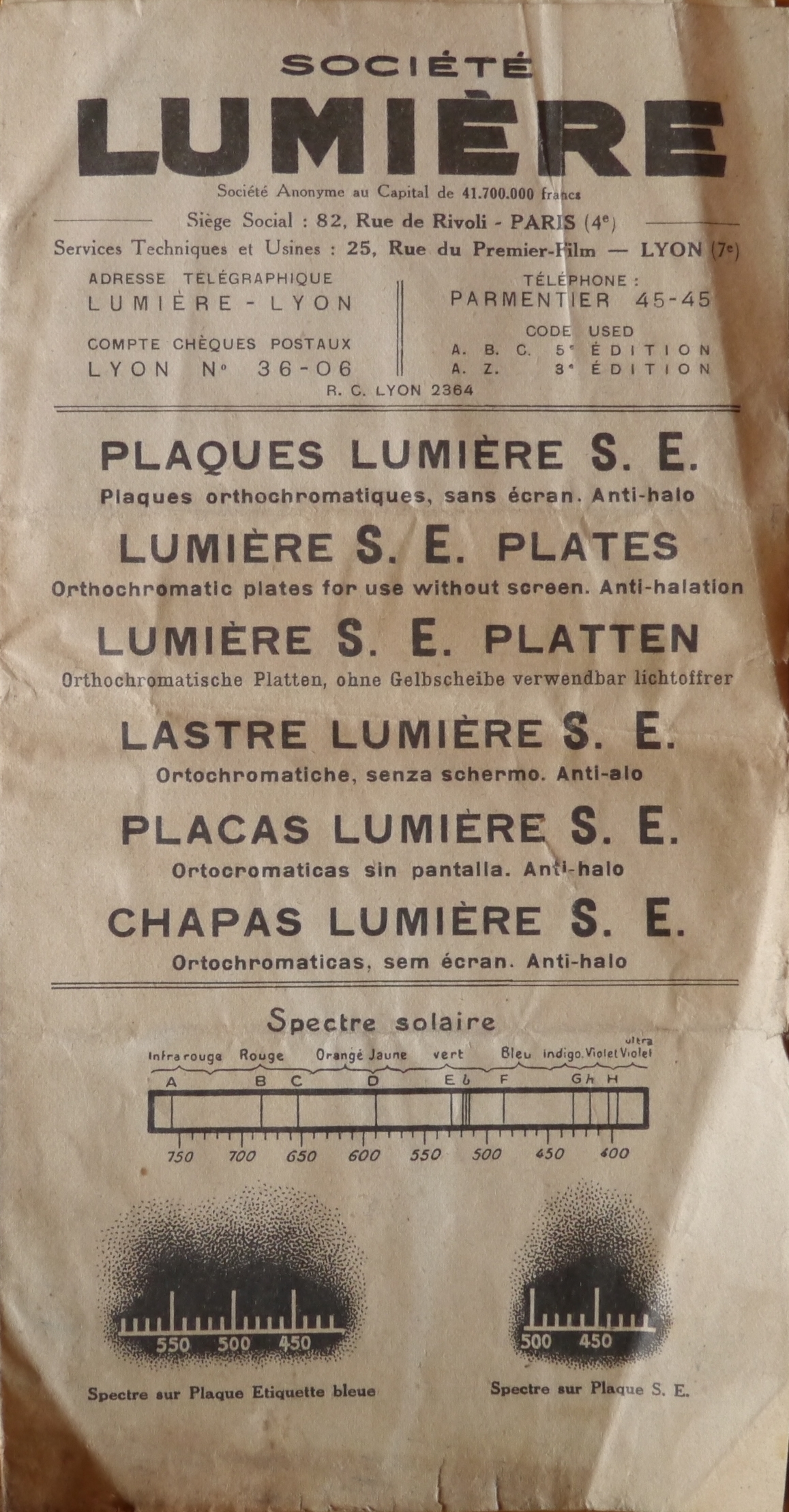 1936 - Sté Lumière - Notice Plaques S.E