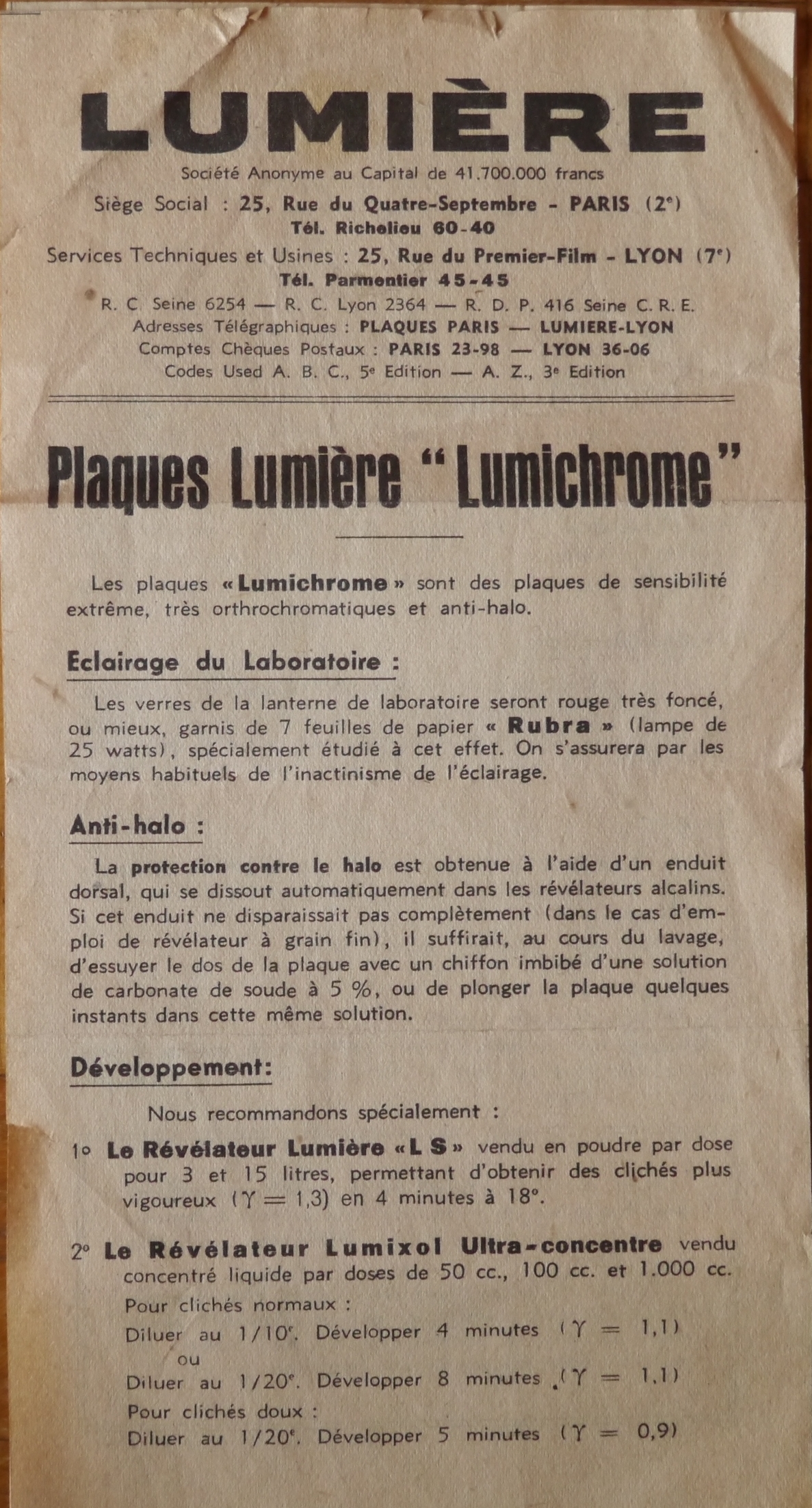 1940 - Sté Lumière - Notice Plaques Lumichrome