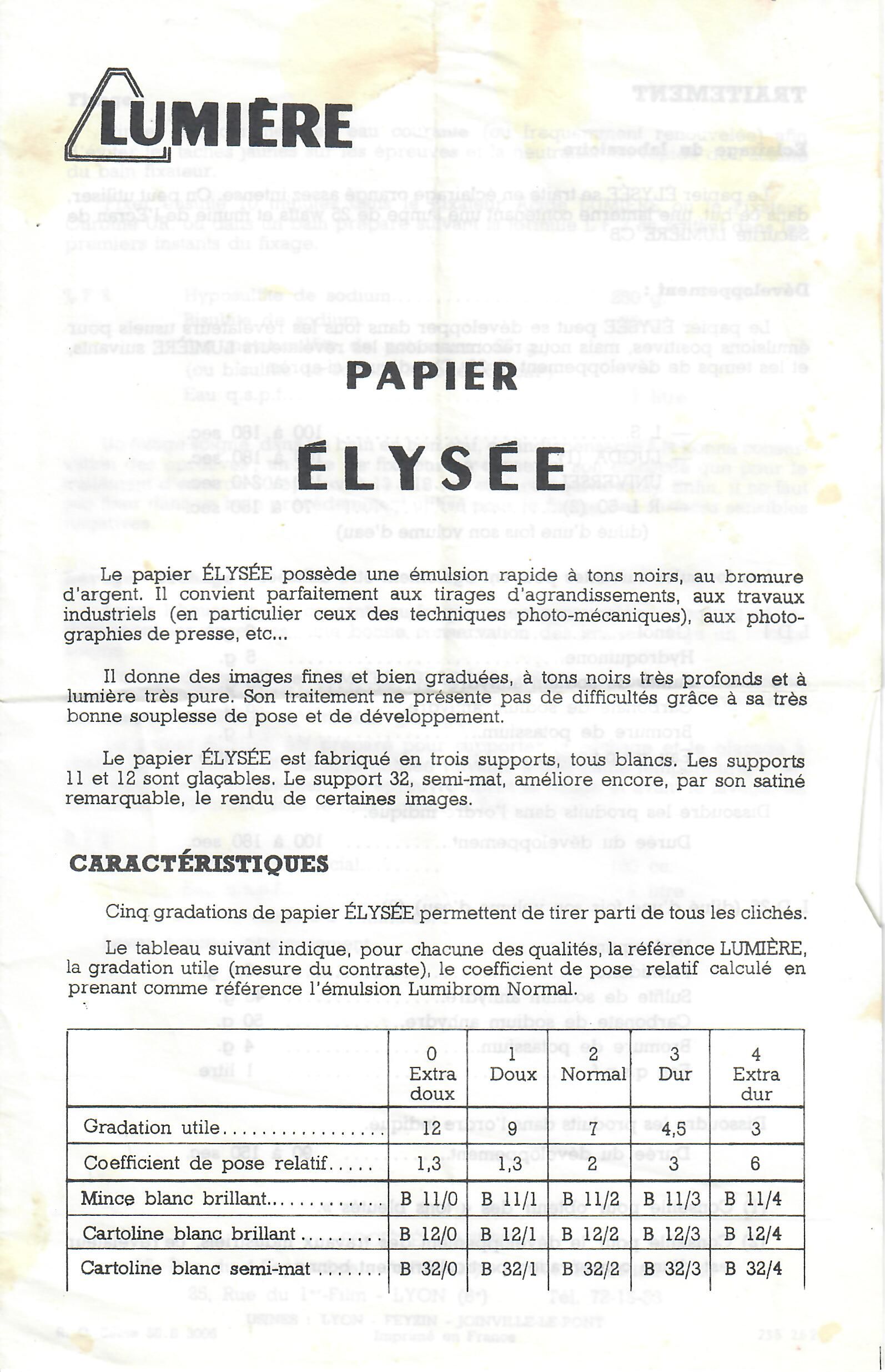 Société Lumière - Notice Papier Elysée