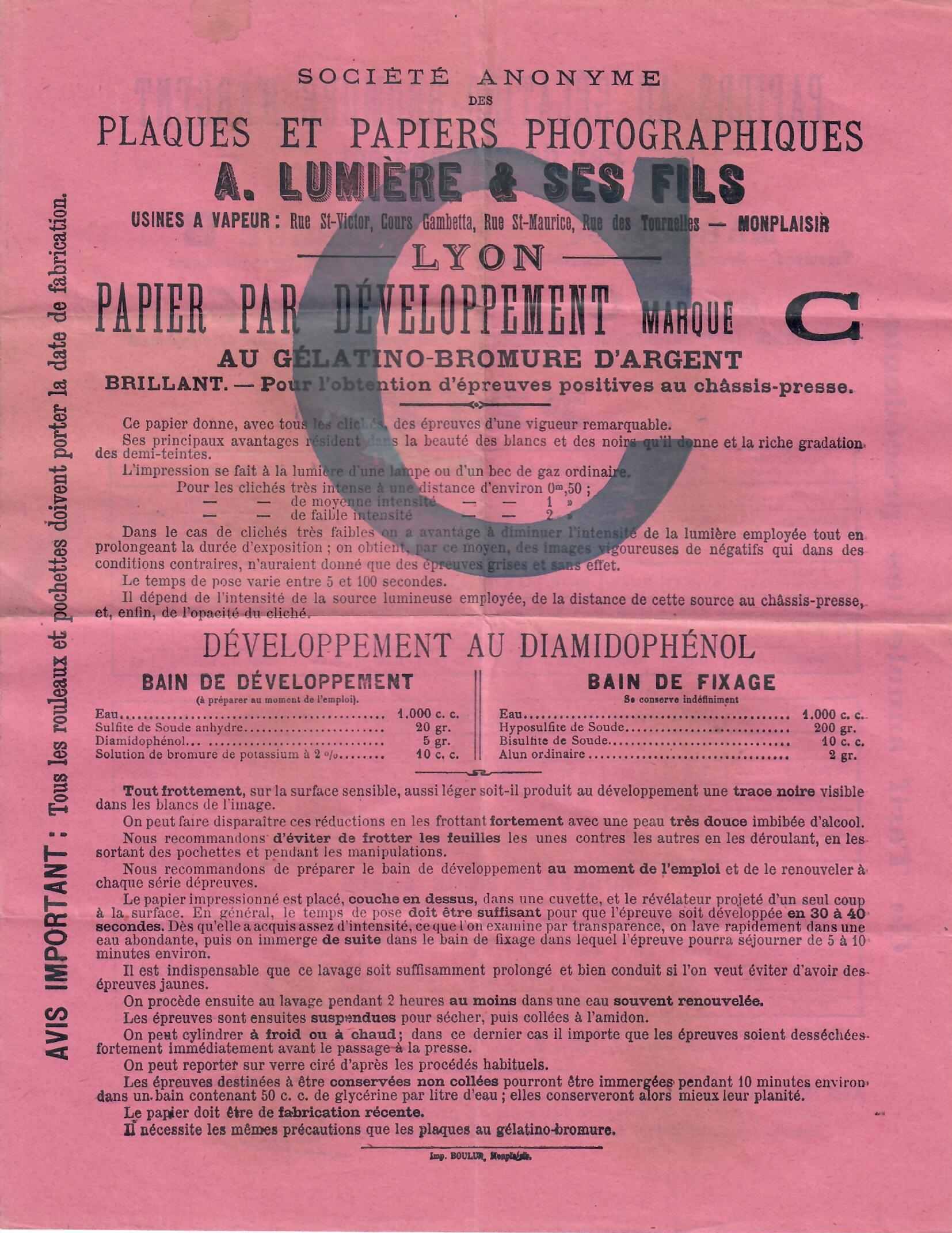 SA Plaques et Papiers Photo A Lumière et ses Fils - Papier Gélatino-Bromure d'Argent type C (recto)