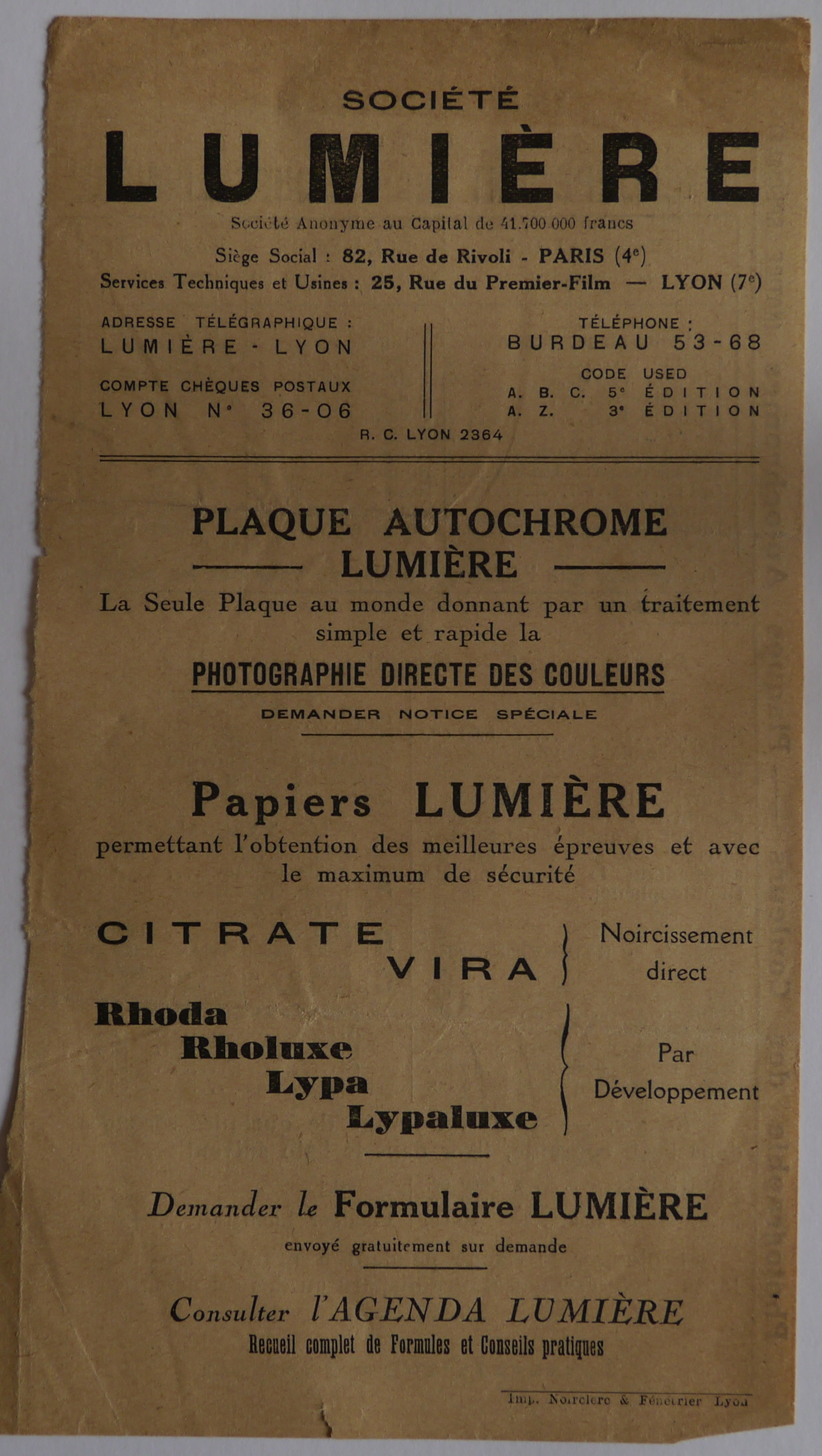 Société Lumière - Notice des Papiers Citrate, Vira, Rhoda, Rholuxe, Lypa, Lypaluxe