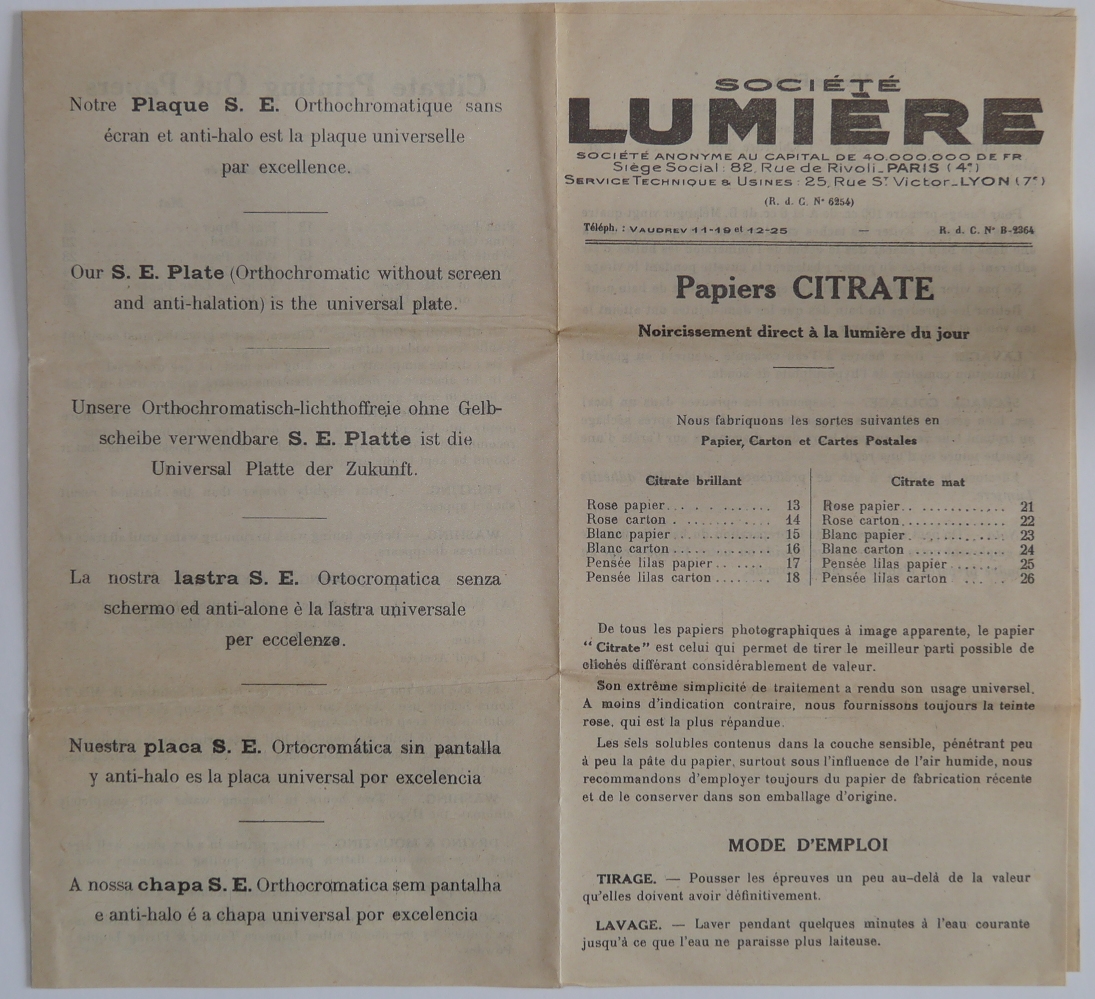 Société Lumière - Notice du Papier Citrate