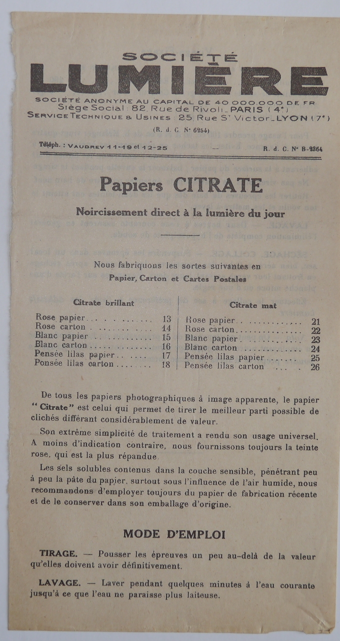 Société Lumière - Notice du Papier Citrate