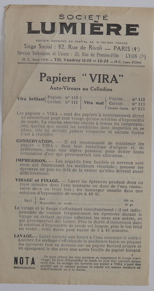 Société Lumière - Notice du Papier Vira