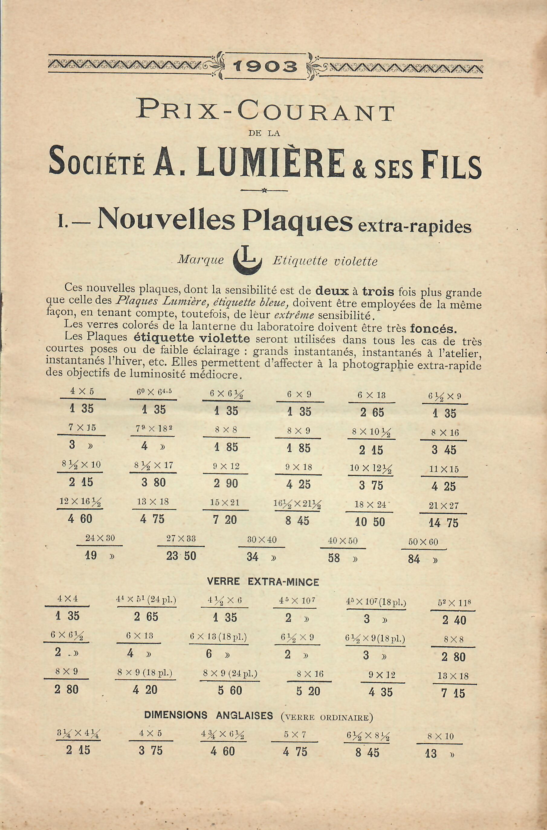 1903 - SA Plaques et Papiers Photo A Lumière et ses Fils - Prix courant