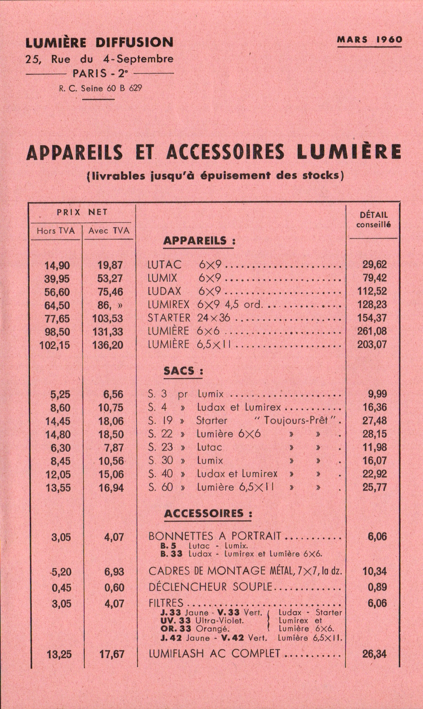 Tarif appareils et accessoires - mars 1960