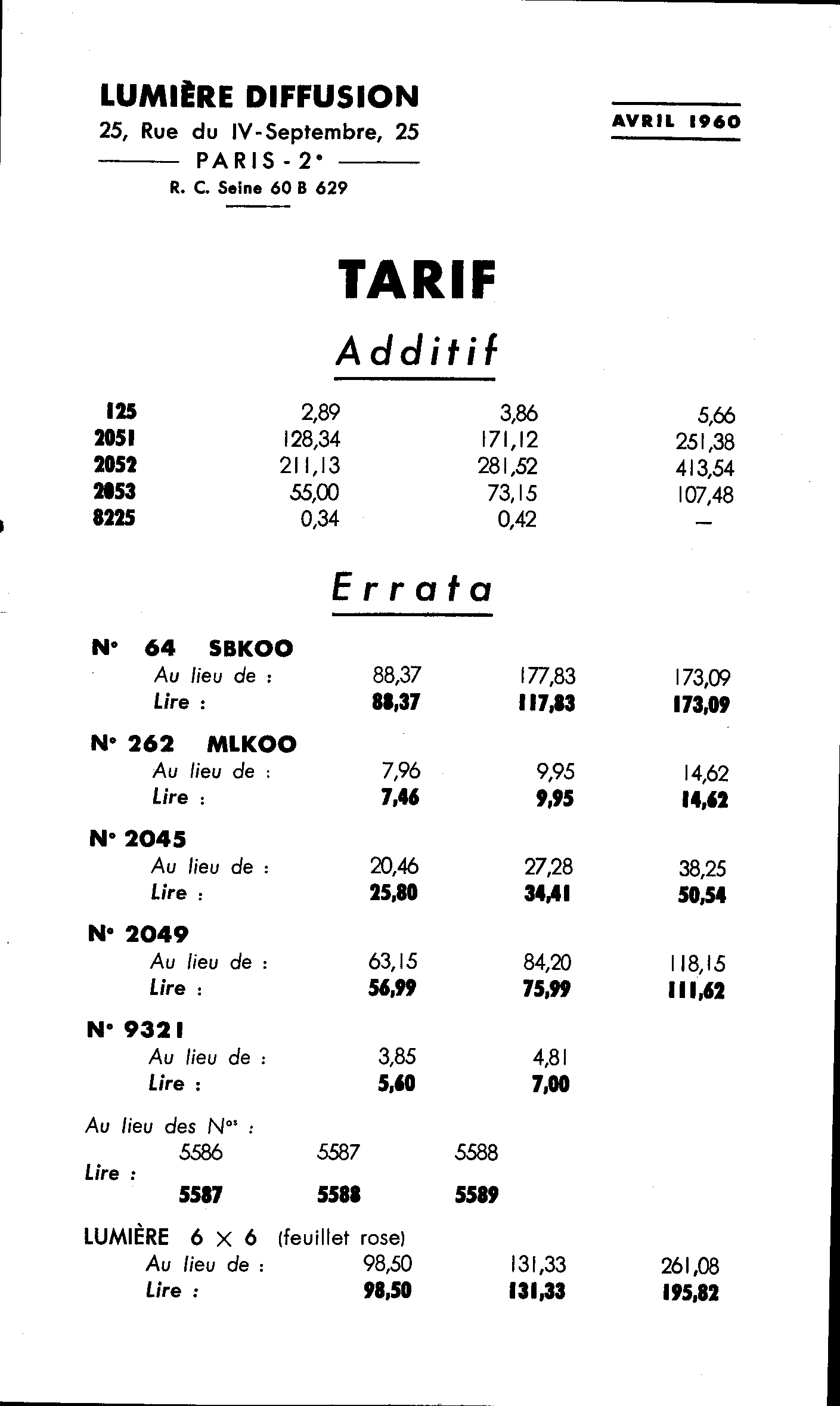 Tarif additif errata - avril 1960