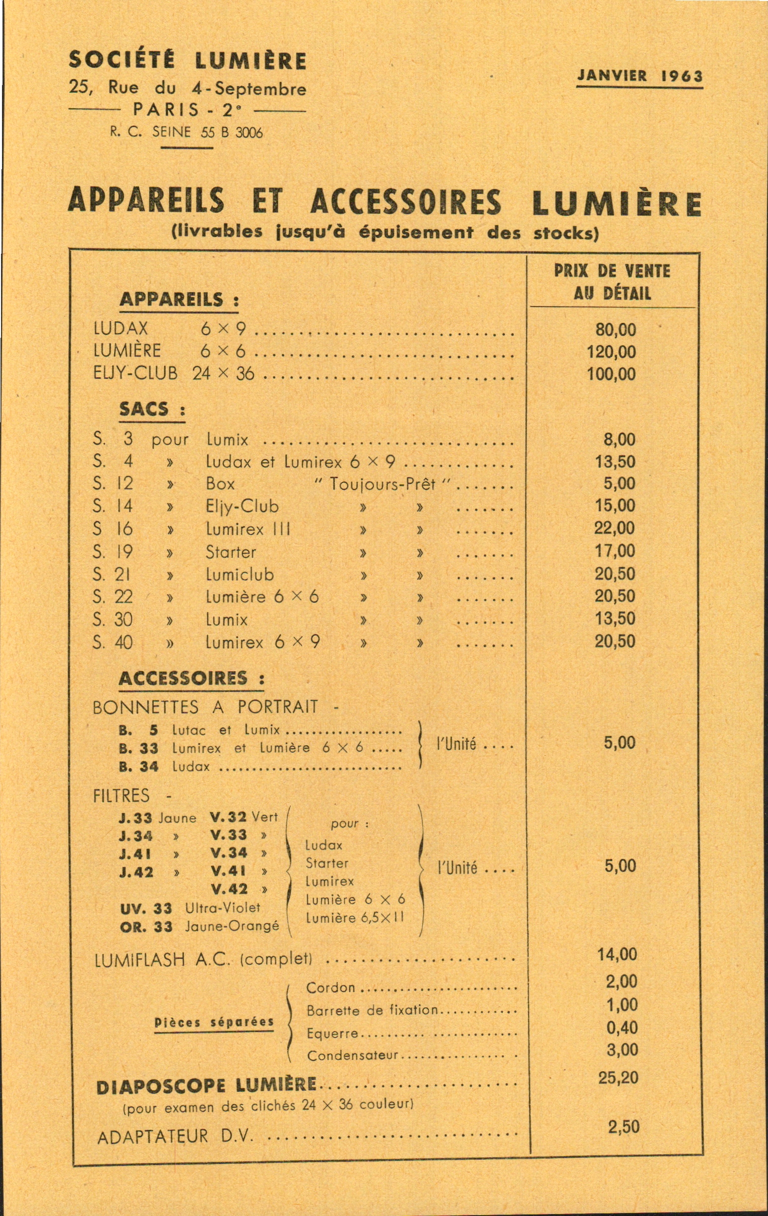 Tarif Appareils et Accessoires - janvier 1963