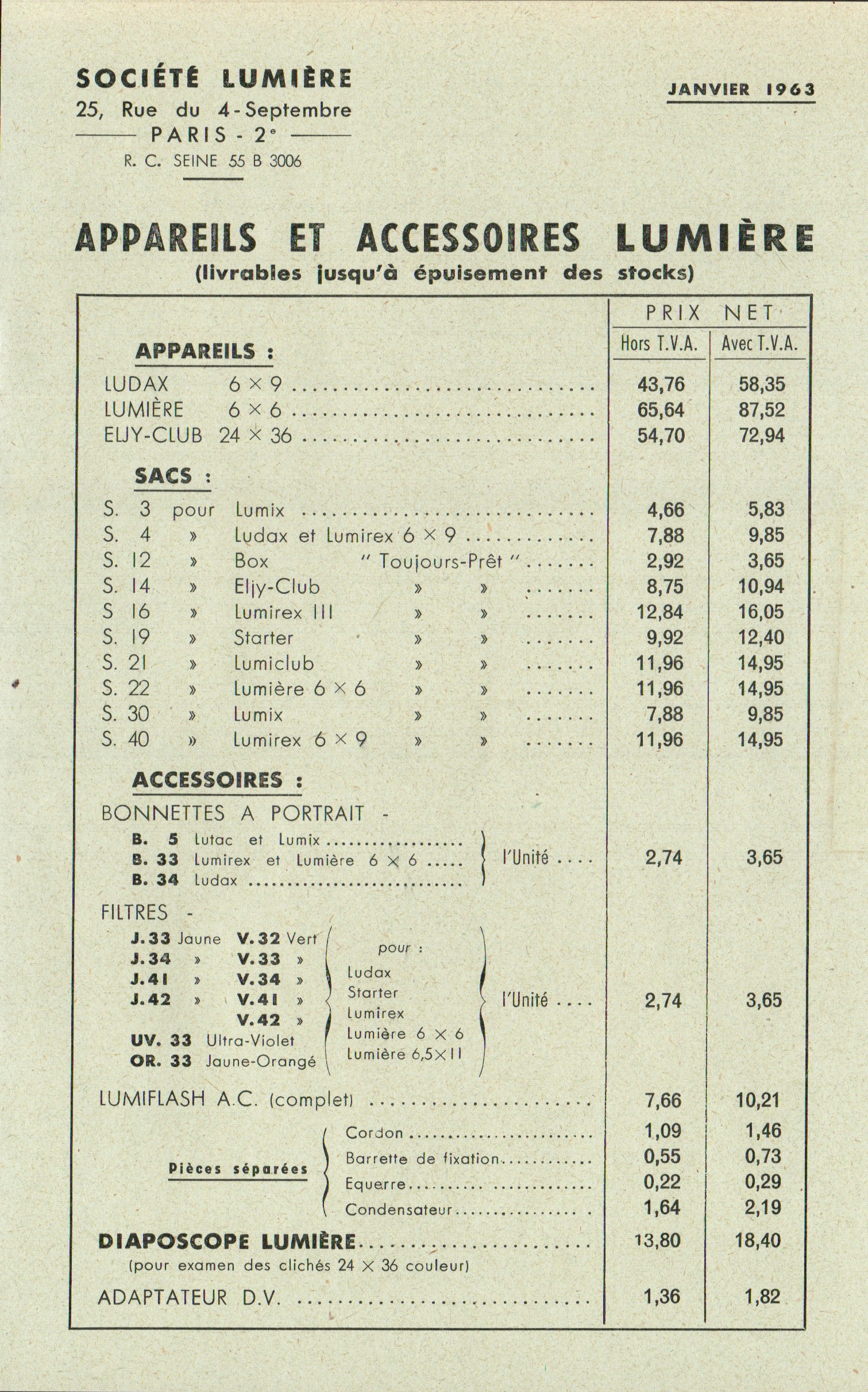 Tarif Appareils et accessoires - janvier 1963
