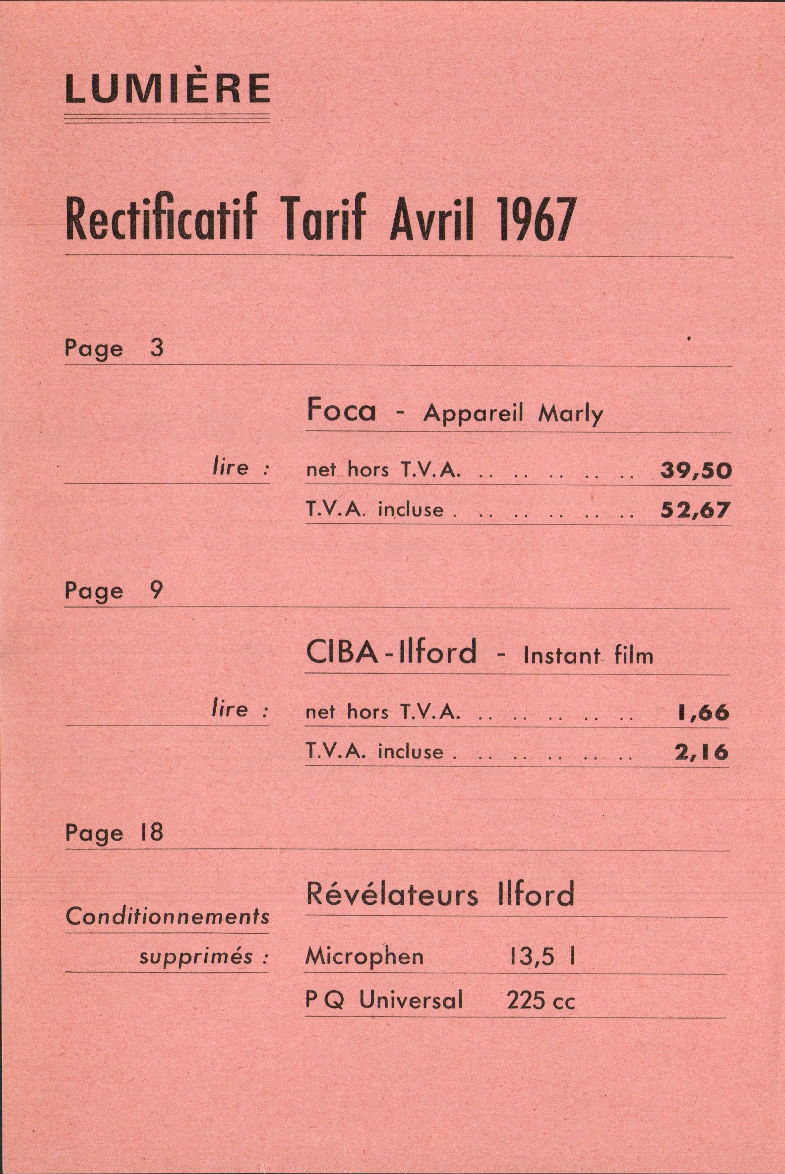 Tarif rectificatif - avril 1967