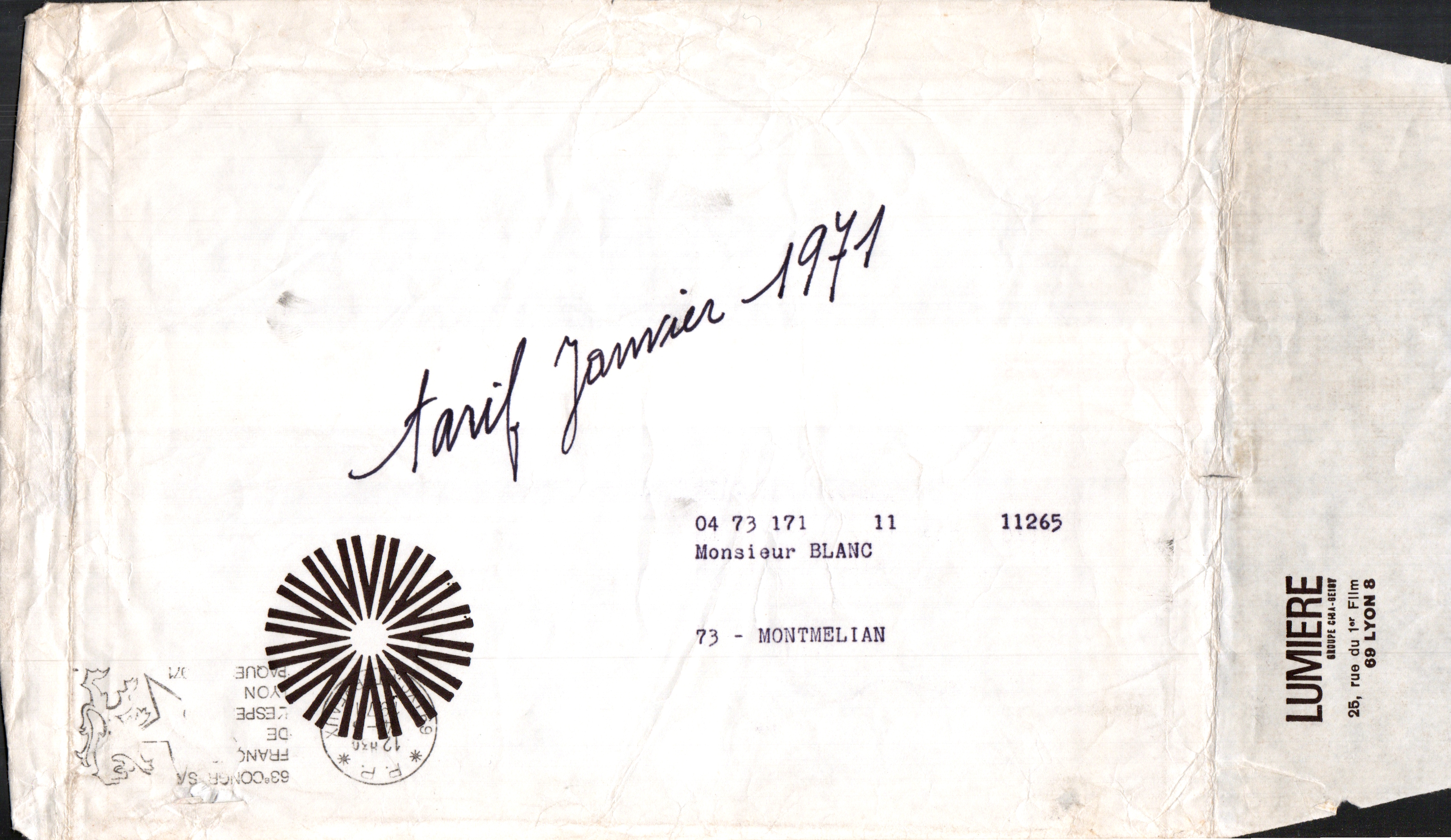 Lumière Diffusion - Enveloppe tarif - 4 janvier 1971
