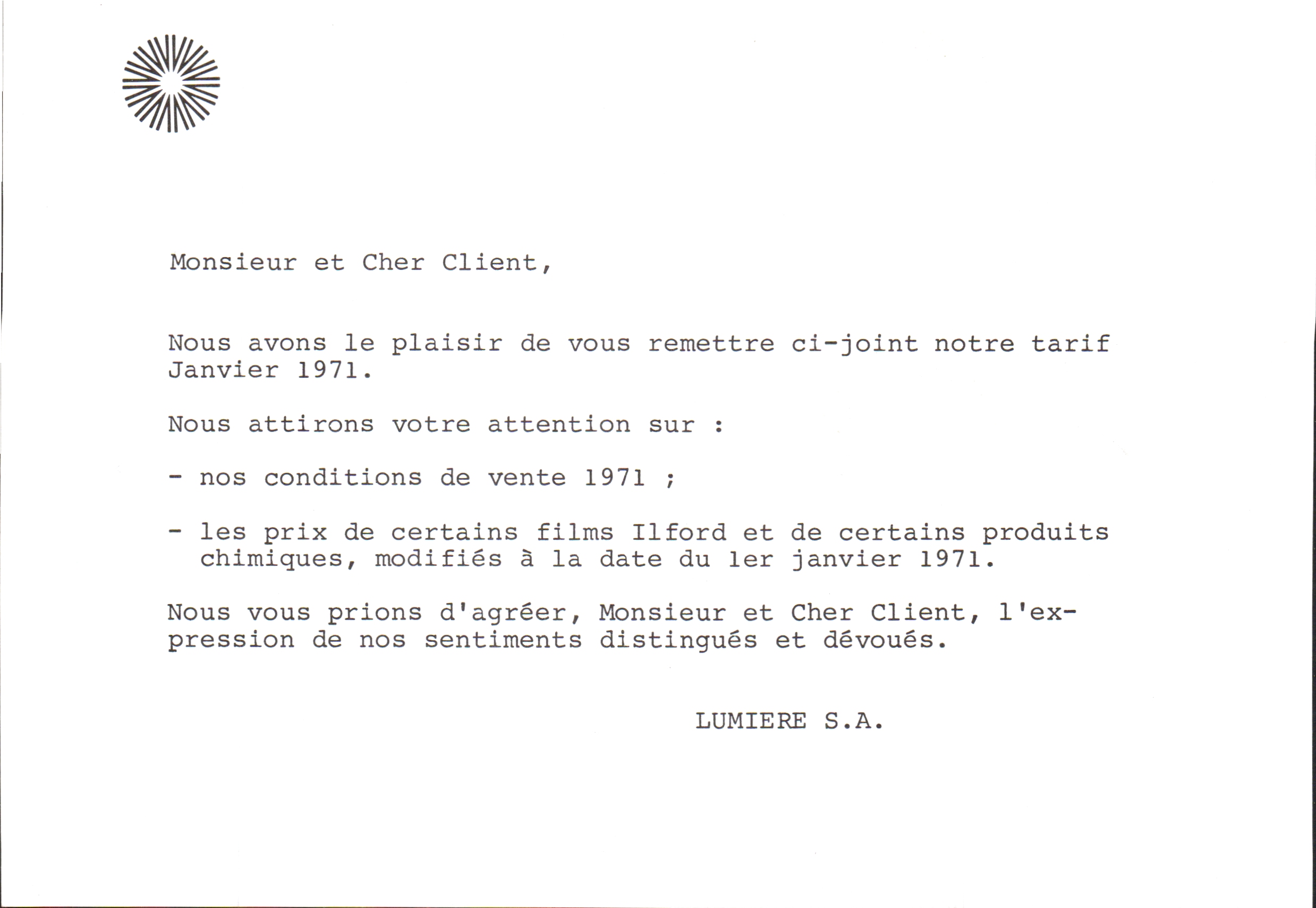 Lumière Diffusion - Courrier tarif - janvier 1971