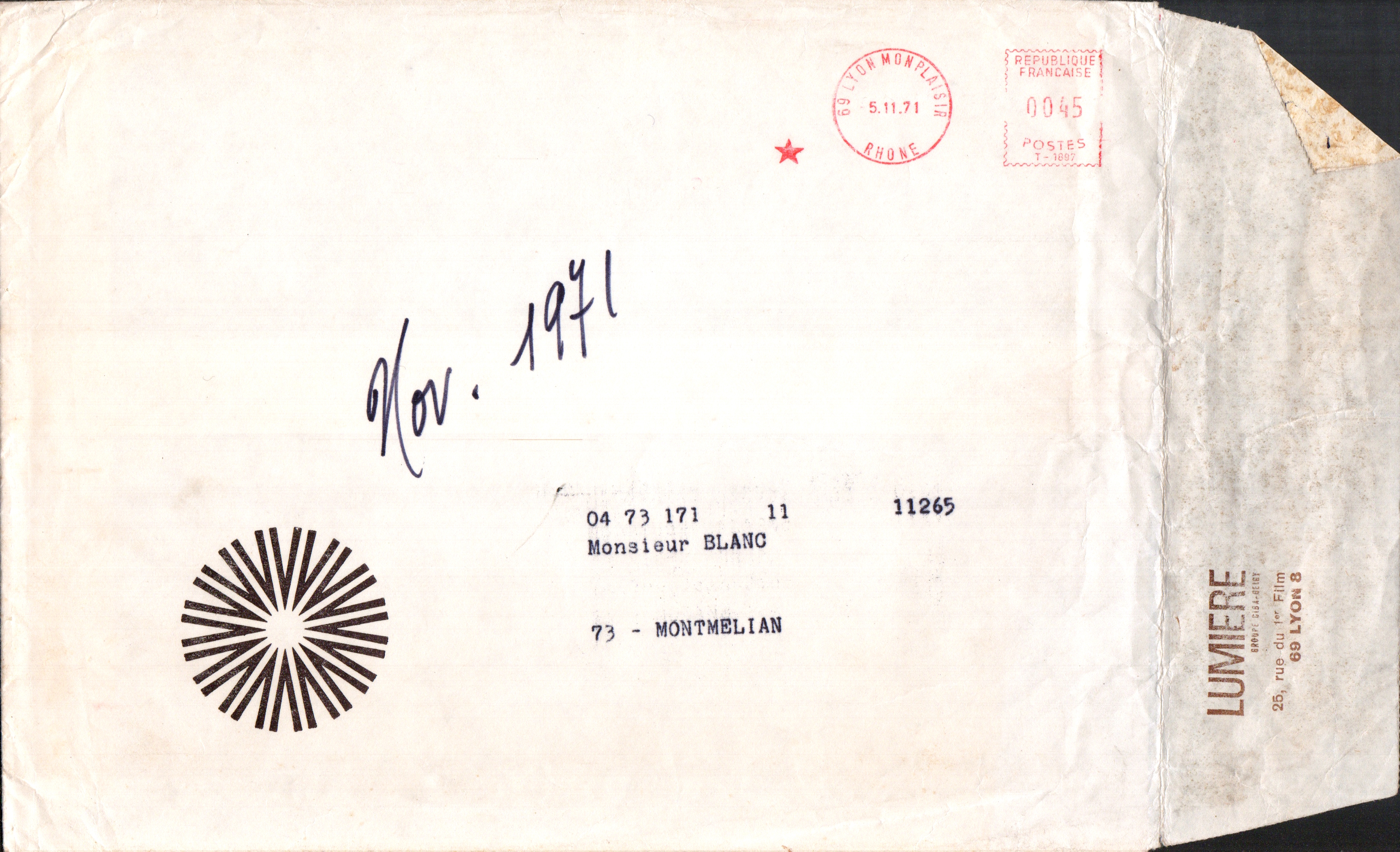 Lumière Diffusion - Enveloppe tarif - novembre 1971