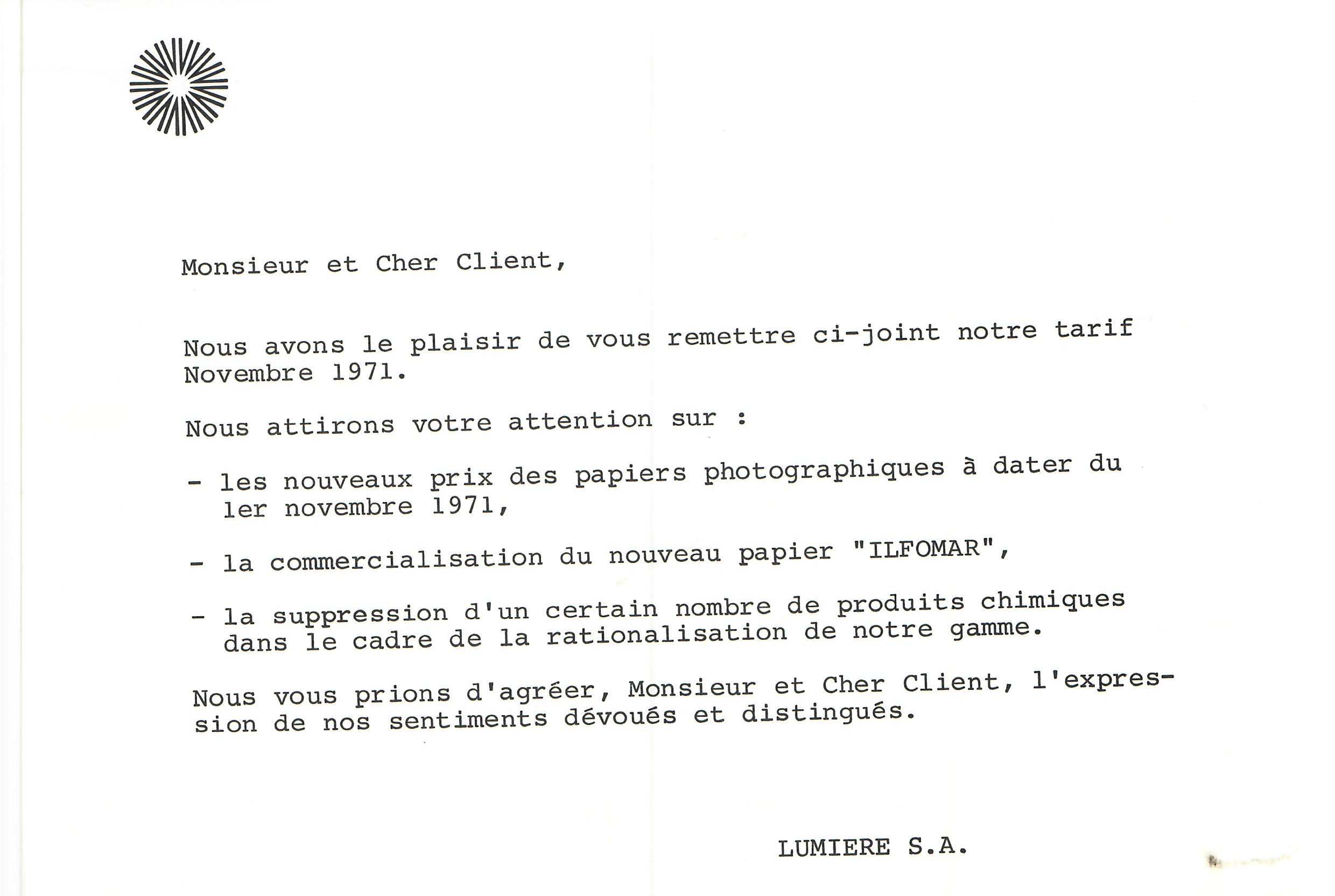 Lumière Diffusion - Courrier tarif - novembre 1971