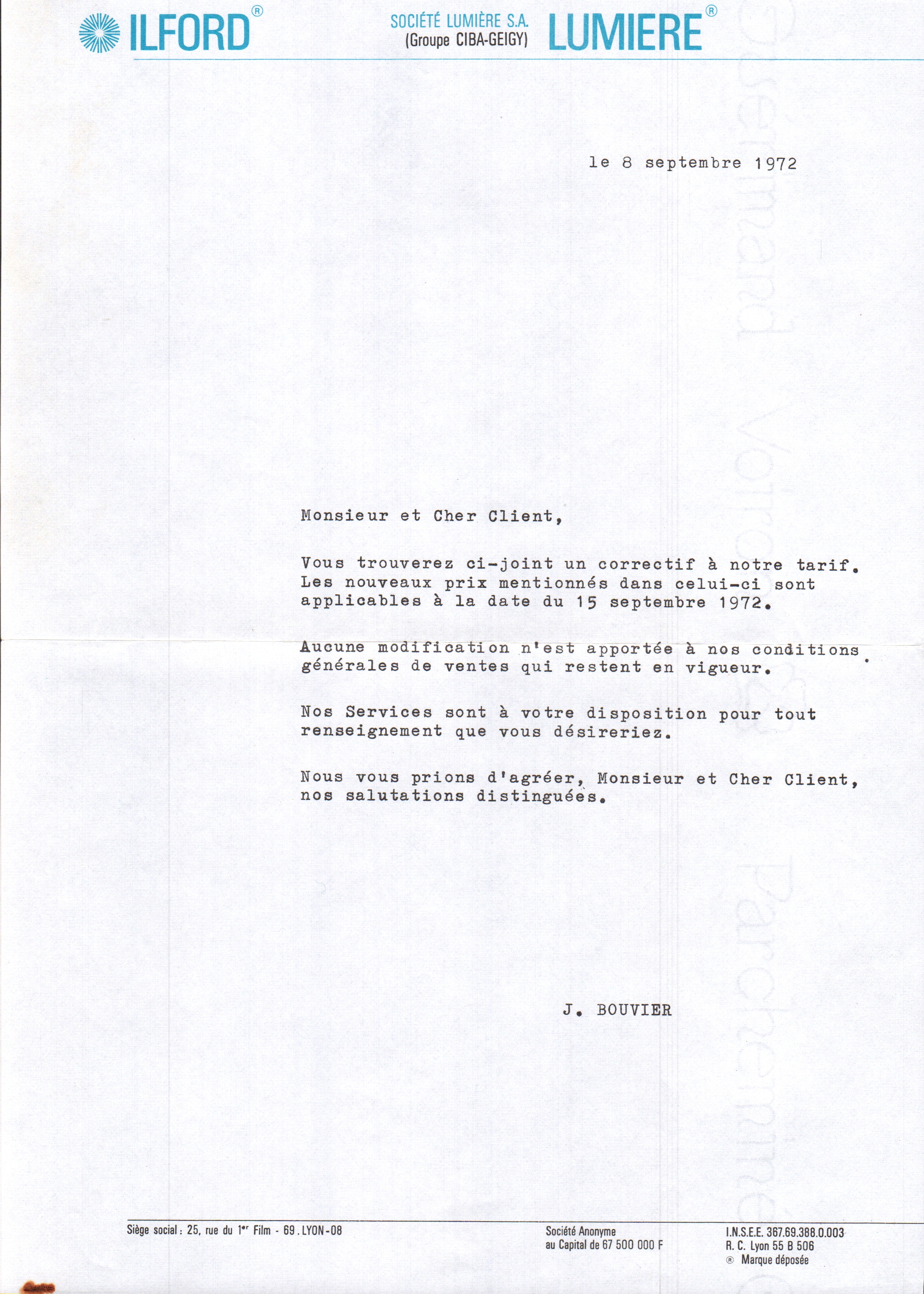 Lumière Diffusion - Courrier correctif tarif - 8 septembre 1972