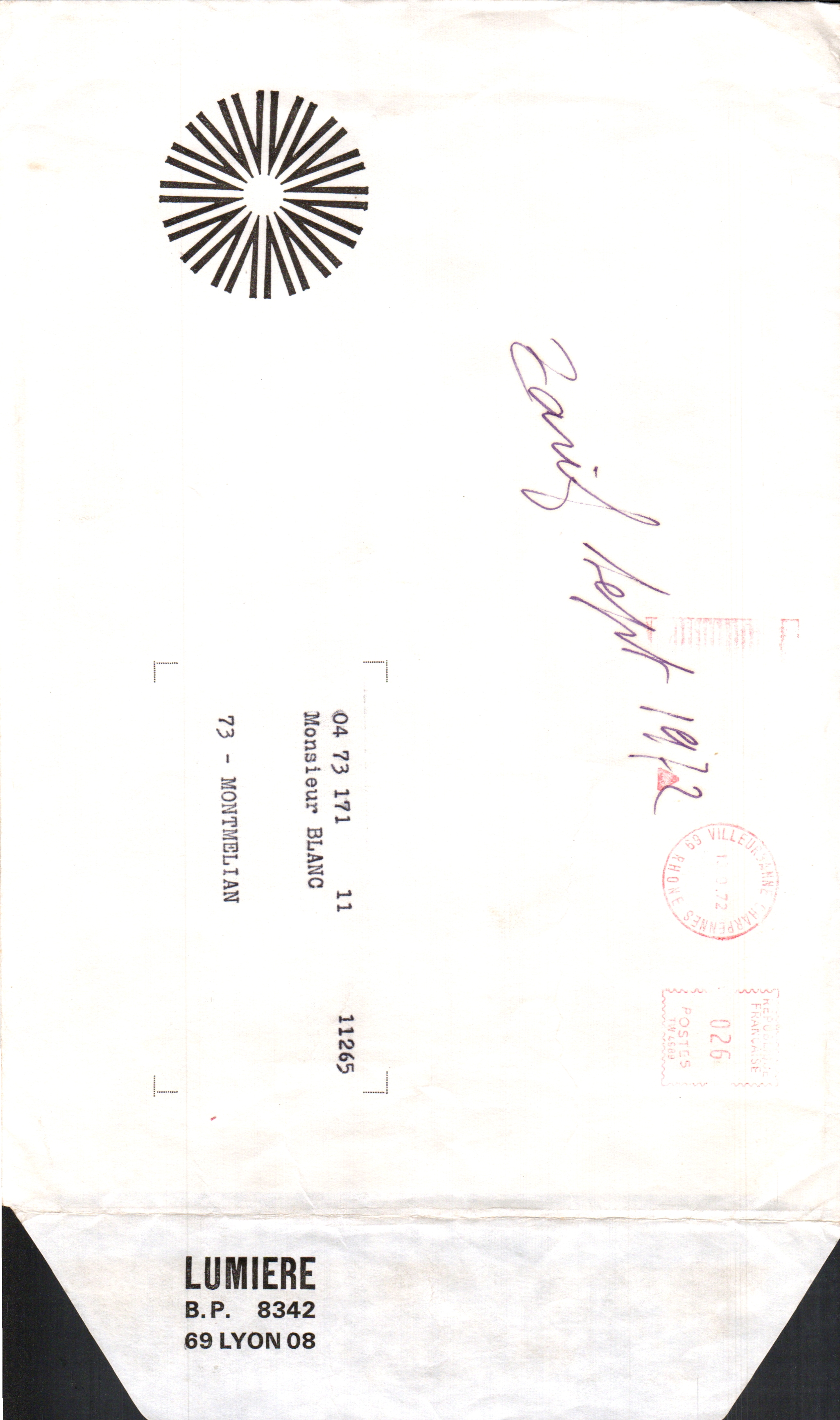Lumière Diffusion - Enveloppe correctif tarif - 13 septembre 1972
