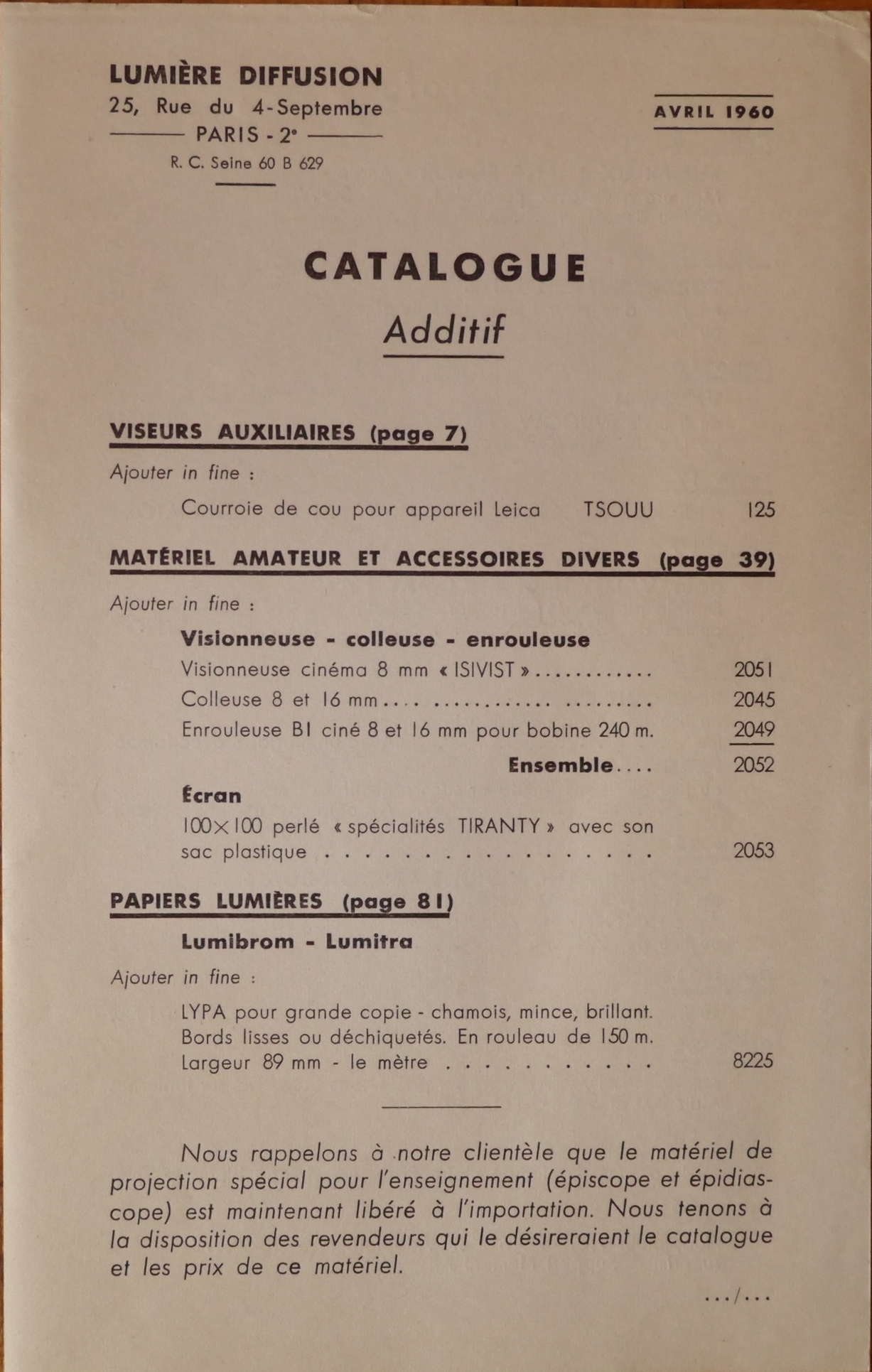 Catalogue additif - avril 1960