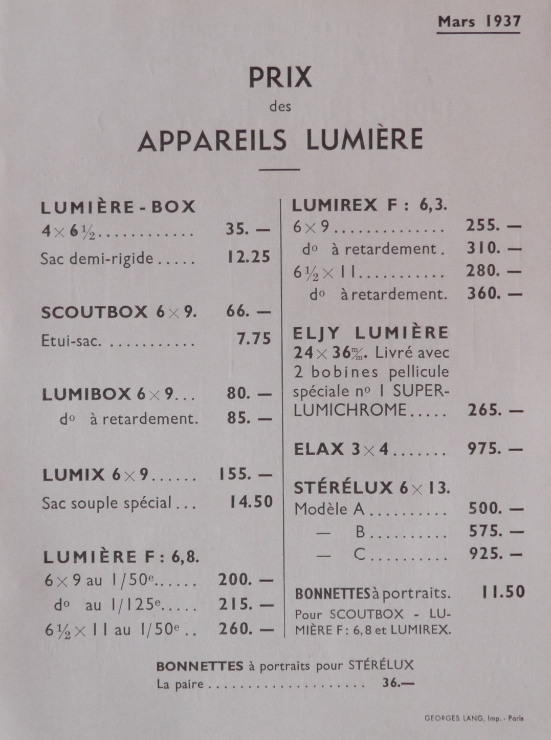 Prix des appareils Lumière - mars 1937