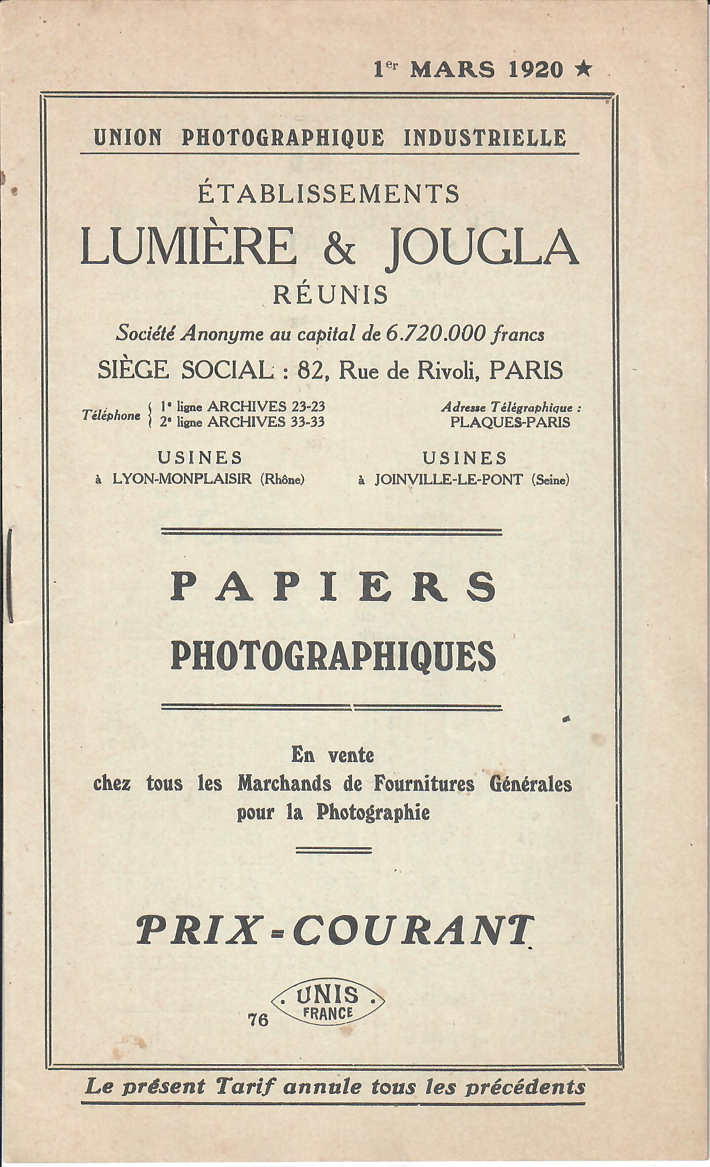 Prix courant Plaques Papiers - 1920
