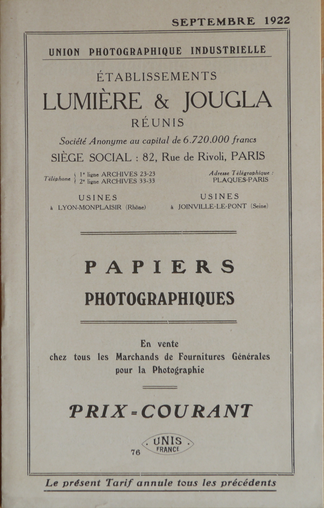 Prix courant Plaques Papiers Produits - 1922