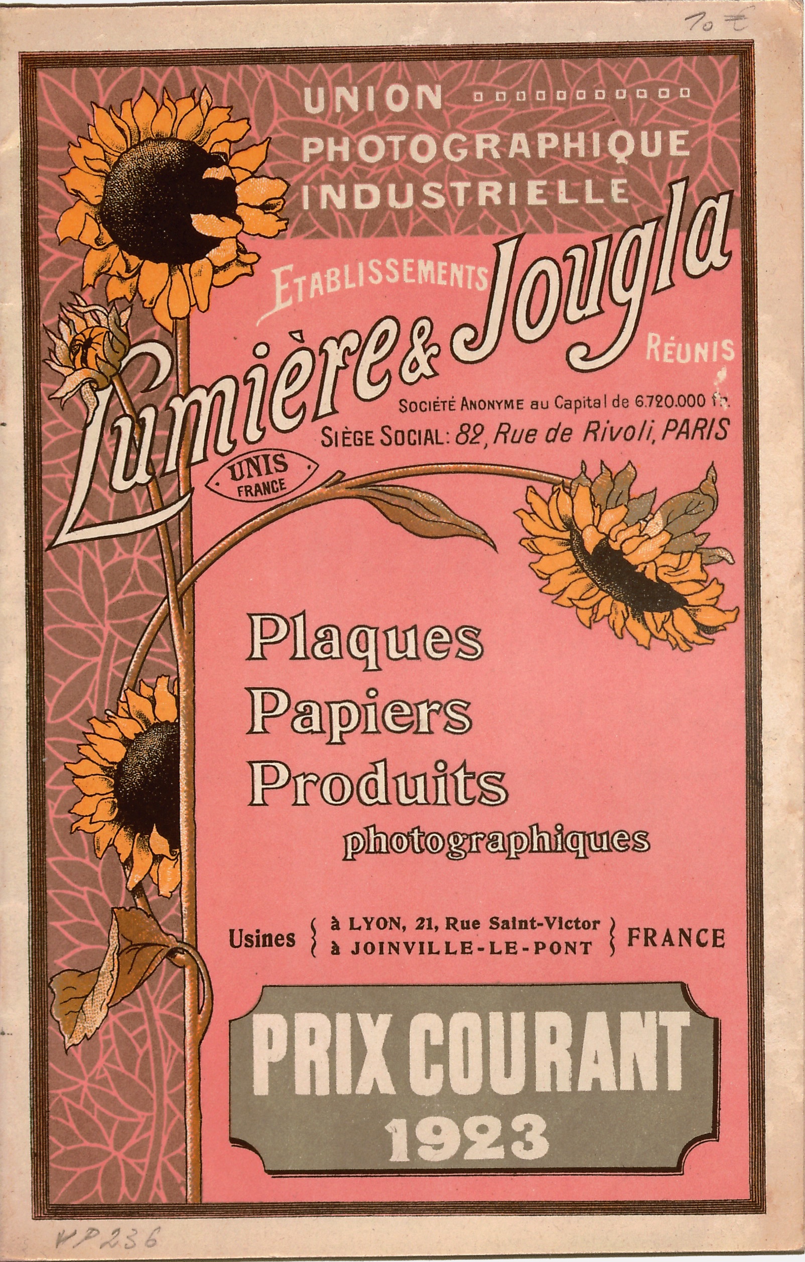Prix courant Plaques Papiers Produits - 1923