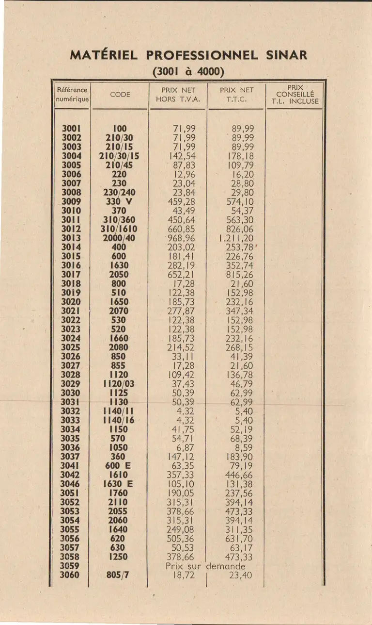 Tarif matériel professionnel SINAR - décembre 1960 2