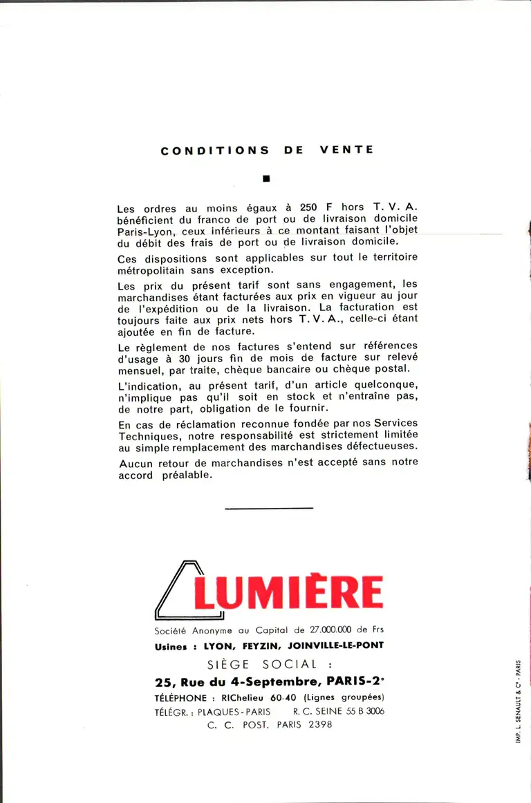 Tarif - janvier 1964 - couverture