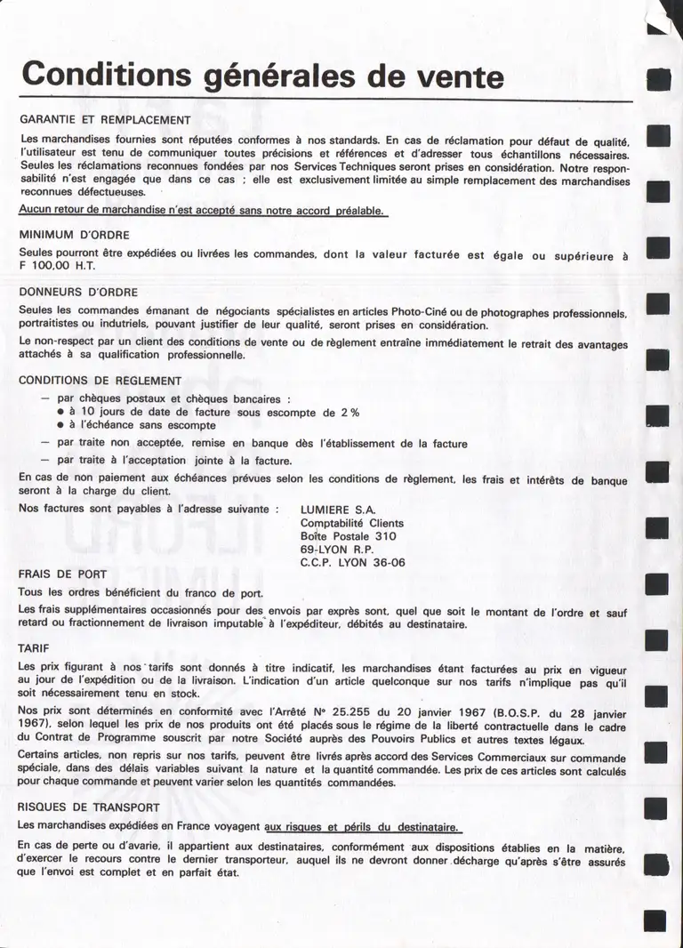 Lumière Diffusion - Tarif - janvier 1971 - 2