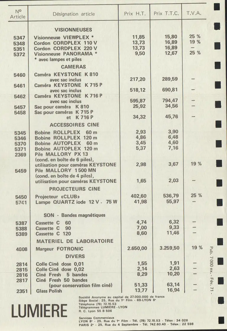 Lumière Diffusion- Tarif - février 1971 - 2